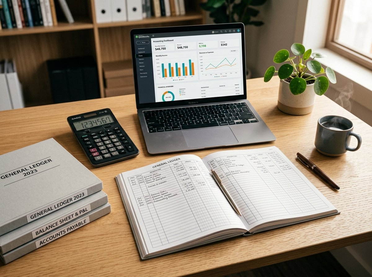 Professional bookkeeping workspace with organized business documents